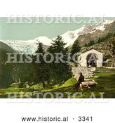 Historical Photochrom of a Man Seated near a Chapel in the Swiss Alps by Al
