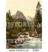 Historical Photochrom of a River and Wetterhorn Mountain, Switzerland by Al