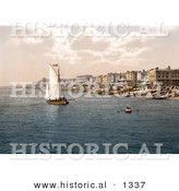 Historical Photochrom of a Sailboat by Bathing Machines and People on the Beach in Worthing West Sussex England UK by Al