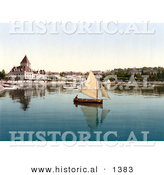 Historical Photochrom of a Sailboat on Geneva Lake at Ouchy, Lausanne, Switzerland by Al