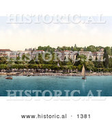 Historical Photochrom of a Sailboat on Geneva Lake near Hotel Beaurivage in Ouchy, Switzerland by Al