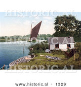 Historical Photochrom of a Sailboat on the Bure River near a Hut in Norfolk England by Al