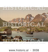 Historical Photochrom of a Ship and Waterfront Homes, Raftsund, Lofoten, Digermulen, Norway by Al