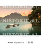 Historical Photochrom of a Ship on Lake Lucerne at Sunset by Al