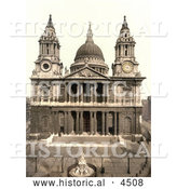 Historical Photochrom of a Statue of Queen Anne in Front of the West Side of St Paul’s Cathedral on Ludgate Hill in London, England by Al