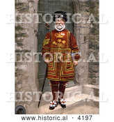 Historical Photochrom of a Yeomen Warder Beefeater Guard in a Red Uniform in London England by Al