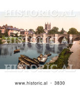 Historical Photochrom of Boats near the Medieval Bridge on the River Wye, Waterfront Buildings and the Hereford Cathedral in Hereford West Midlands England UK by Al