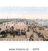 Historical Photochrom of Busy Promenade and Beach at Southsea, Portsmouth, Hampshire, England, UK by Al