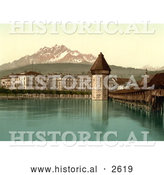 Historical Photochrom of Chapel Bridge, Water Tower and Pilatus, Switzerland by Al