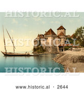 Historical Photochrom of Chillon Castle on Geneva Lake, Switzerland by Al