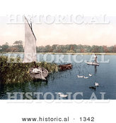 Historical Photochrom of Ducks and Men in Boats on the Trinity Broads Ormesby Norfolk Engngland by Al