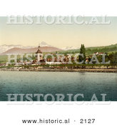 Historical Photochrom of Evian Les Bains on Geneva Lake, Switzerland by Al