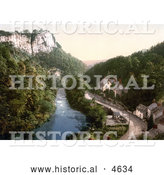 July 5th, 2013: Historical Photochrom of Historical Stock Photography of the Tor Cottage (High Tor Hotel) on the River Derwent with a Spectacular View of the High Tor in Matlock, Derbyshire, England by Al