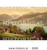 Historical Photochrom of Homes, Church, Lake Thun and Mountains, Switzerland by Al
