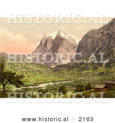 Historical Photochrom of Homes in Grindelwald and Wetterhorn Mountain by Al