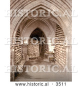 Historical Photochrom of Human Skulls and Skeletal Remains Stacked in the Ossuary Bone Store of the Church Crypt in Hythe Kent England by Al
