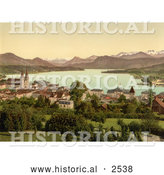 Historical Photochrom of Lake Front Village on Lake Lucerne, Switzerland by Al