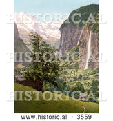 Historical Photochrom of Lauterbrunnen and Staubbach Falls, Interlaken, Berne, Bernese Oberland, Switzerland by Al