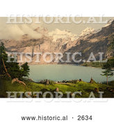 Historical Photochrom of Oeschinen Lake and Mountains in Switzerland by Al