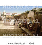 Historical Photochrom of Pedestrians on Marr Street, Tunis, Tunisia in 1899 by Al