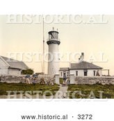 Historical Photochrom of People and a Dog at the Lighthouse on Heligoland, Germany by Al