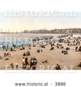 Historical Photochrom of People and Bathing Machines on the Beach in Margate Thanet Kent England UK by Al