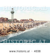 Historical Photochrom of People, Benches and Boats on the Beach by the Revolving Observation Tower in Yarmouth Norfolk England UK by Al
