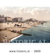 Historical Photochrom of People, Boats and Bathing Machine Carts on the Beach in Worthing West Sussex England UK by Al