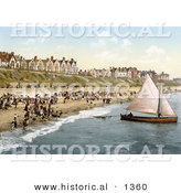 Historical Photochrom of People Crowding on the Beach As a Yacht Starts off from Clacton-on-Sea, Essex, England by Al