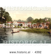 Historical Photochrom of People Enjoying Gondola Rides near the Bridge at White Heart Hotel in Sonning, England by Al
