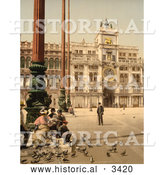 Historical Photochrom of People Feeding Pigeons, Venice, Italy, St Marks Place by Al