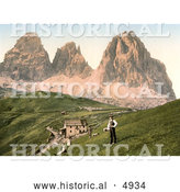 Historical Photochrom of People near a Hotel and Mountains, Sella Joch and Langkofl, Tyrol, Austria by Al