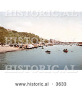 Historical Photochrom of People near Bathing Machine Carts and Boats on the Beach by the Pier in Southend-On-Sea Essex England UK by Al