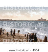 Historical Photochrom of People on the Beach Playing in the Surf near the Pier in Morecambe Lancashire England UK by Al