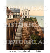 Historical Photochrom of People on the Staircase at Heligoland, Germany by Al