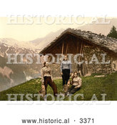 Historical Photochrom of People Outside a House in Champery, Switzerland by Al
