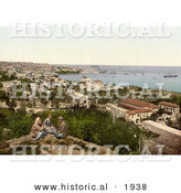 Historical Photochrom of People Overlooking the Harbor at Beyrout, Lebanon by Al