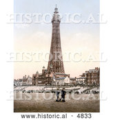 Historical Photochrom of People Strolling on the Beach near the Blackpool Tower in Blackpool, Lancashire, England by Al