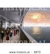 Historical Photochrom of People Strolling on the Promenade Deck of a Steamship at Sunset by Al