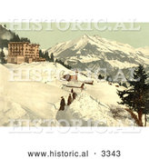Historical Photochrom of People Walking in a Snow Path, Leysin, Switzerland by Al