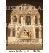 Historical Photochrom of People Walking on the Staircase of the Giant’s at Doge’s Palace by Al