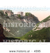 Historical Photochrom of Peveril Castle Ruins on the Hilltop in Castleton Derbyshire England by Al