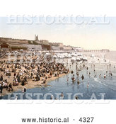 Historical Photochrom of Portable Changing Cabin Carts and Crowds on the Beach in Ramsgate, Thanet, Kent, England by Al