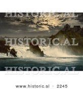 Historical Photochrom of Rhine Falls and Laufen Castle at Night by Al
