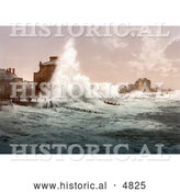 Historical Photochrom of Rough Sea Waves from a Storm Crashing up Against Seafront Buildings, Bognor, England by Al