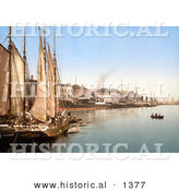 Historical Photochrom of Sail Ships in the Harbor, Hafenstrasse, Copenhagen, Denmark by Al