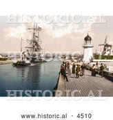 Historical Photochrom of Steamboat Tugging a Ship past the Pier and Windmill in Littlehampton Arun West Sussex England UK by Al