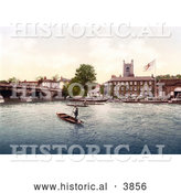 Historical Photochrom of Steamboats and Gondoliers near the Red Lion Hotel in Henley on Thames on the Banks of the Thames River in London England UK by Al