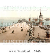 Historical Photochrom of Steamers and Sailboats in the Harbor and People near the Clock Tower on Victoria Pier Douglas Isle of Man England by Al