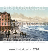 Historical Photochrom of Storm Waves Washing up on the Train Tracks, Jubilee Clock, and Promenade by Waterfront Buildings in Douglas Doolish Isle of Man England by Al